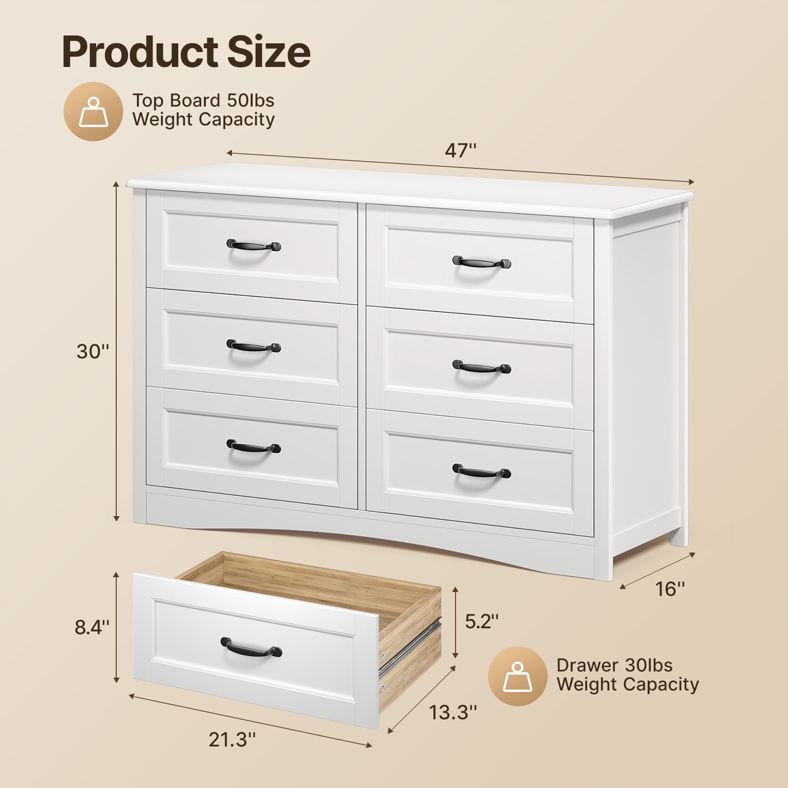 6 Drawer White Dresser,Lofka Modern Wood Double Chest, Versatile Dressers for Bedroom Office Living Room