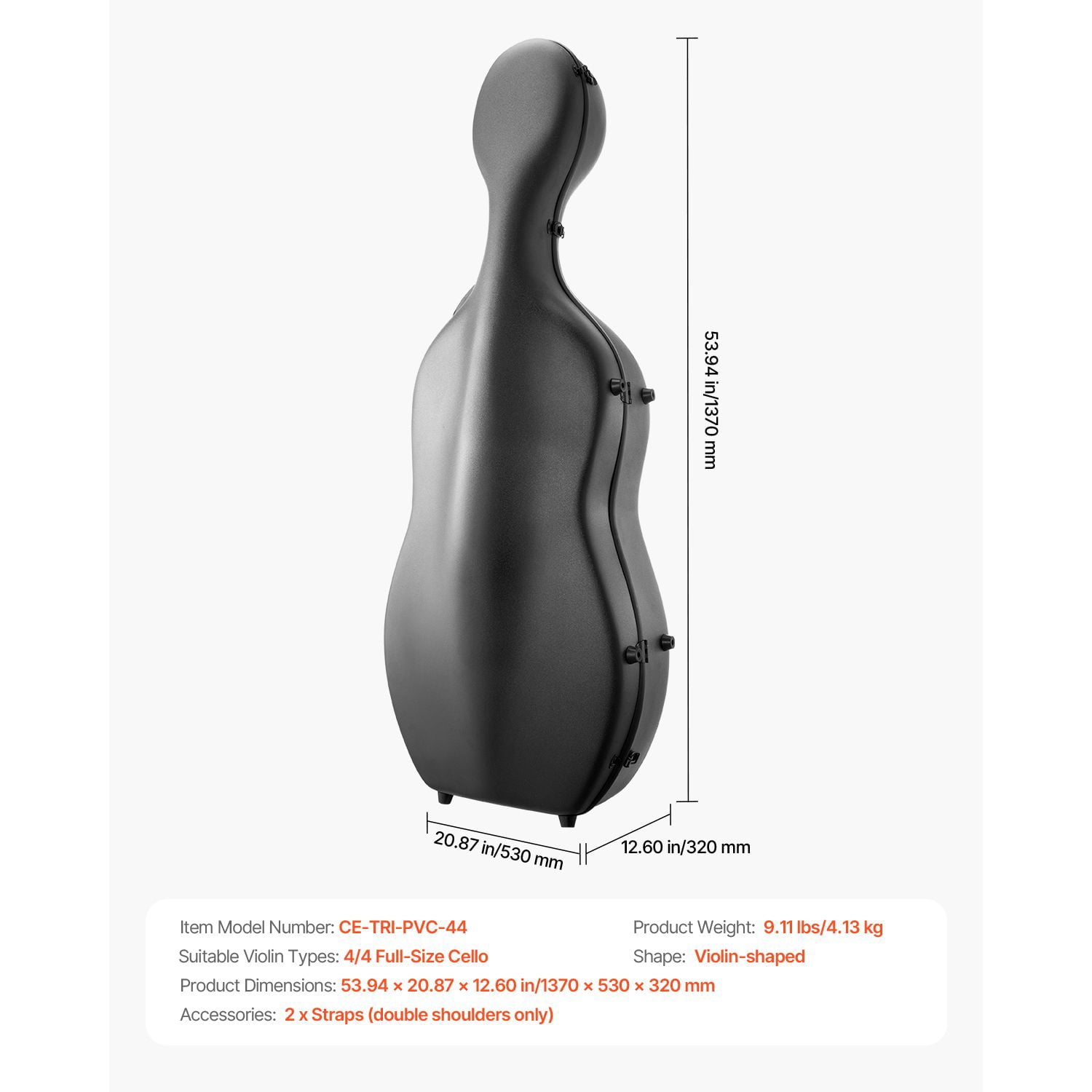 4/4 Full Size Cello Case, Composite Carbon Fiber, Lightweight Portable Travel Carrying Bag, with Plush Lining, Dual Shoulder Straps, Anti-Scratch, Professional Cello-Shape, for Cello, Black