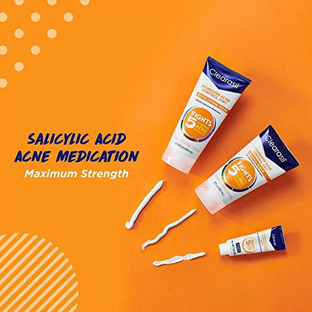 Clearasil Stubborn Acne Control 5in1 Exfoliating Wash 6.78 fl. oz., Reduces Blocked Pores, Pimple S (Pack of 5)