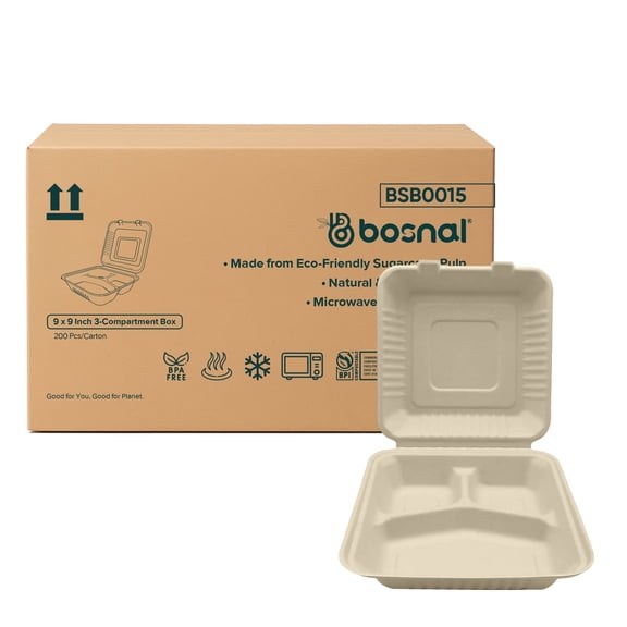 BOSNAL 9 inch 3-Compartment Clamshell Boxes - Bulk Box of 200 Pcs (8 Sets of 25), 100% Bagasse, Eco-Friendly Disposable Takeout Containers for Hot & Cold Foods, Microwave Safe