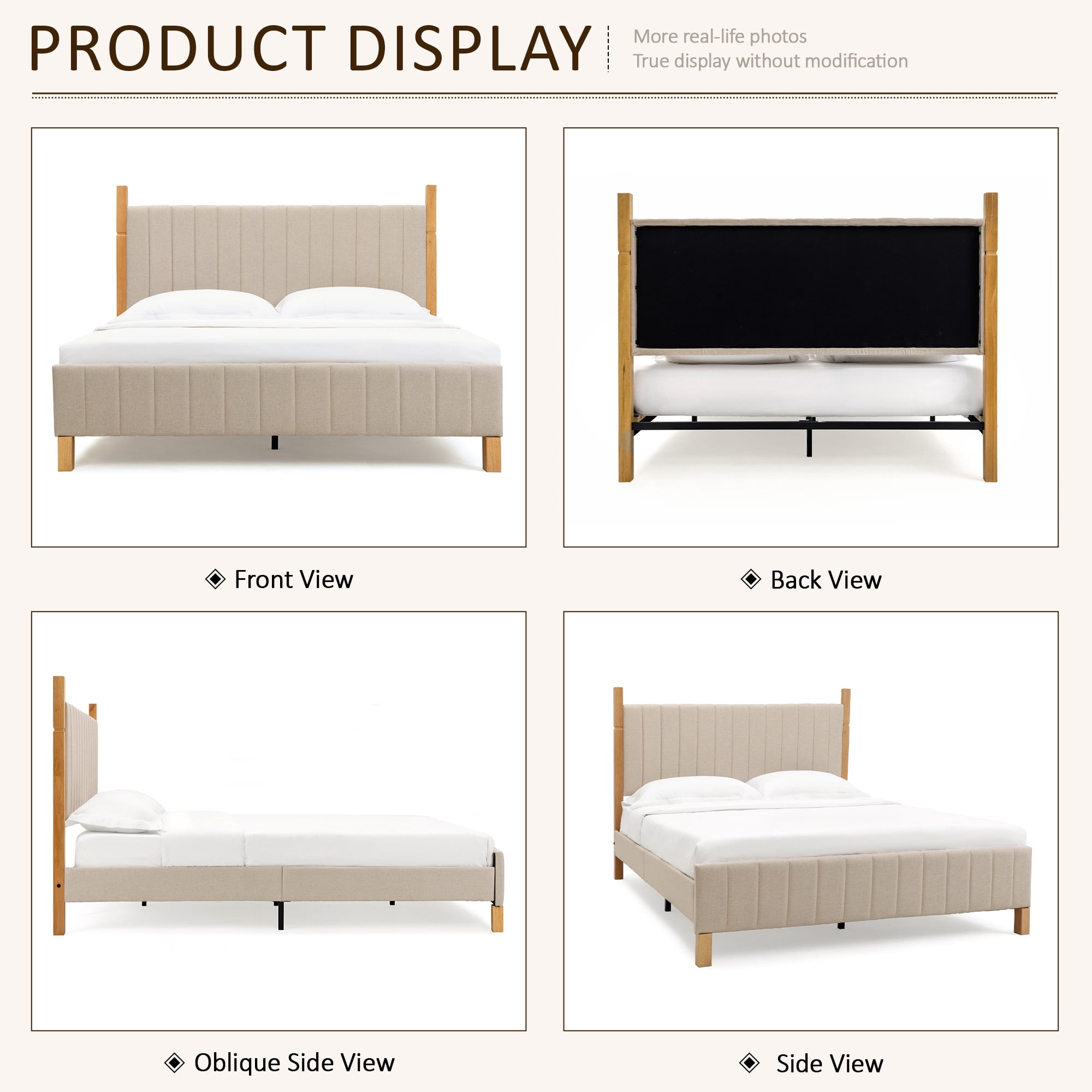 Brafabhome King Bed Frame with Upholstered Headboard, Modern Wood Bed Frame with Solid Wood Posts, No Box Spring Needed, Beige Linen