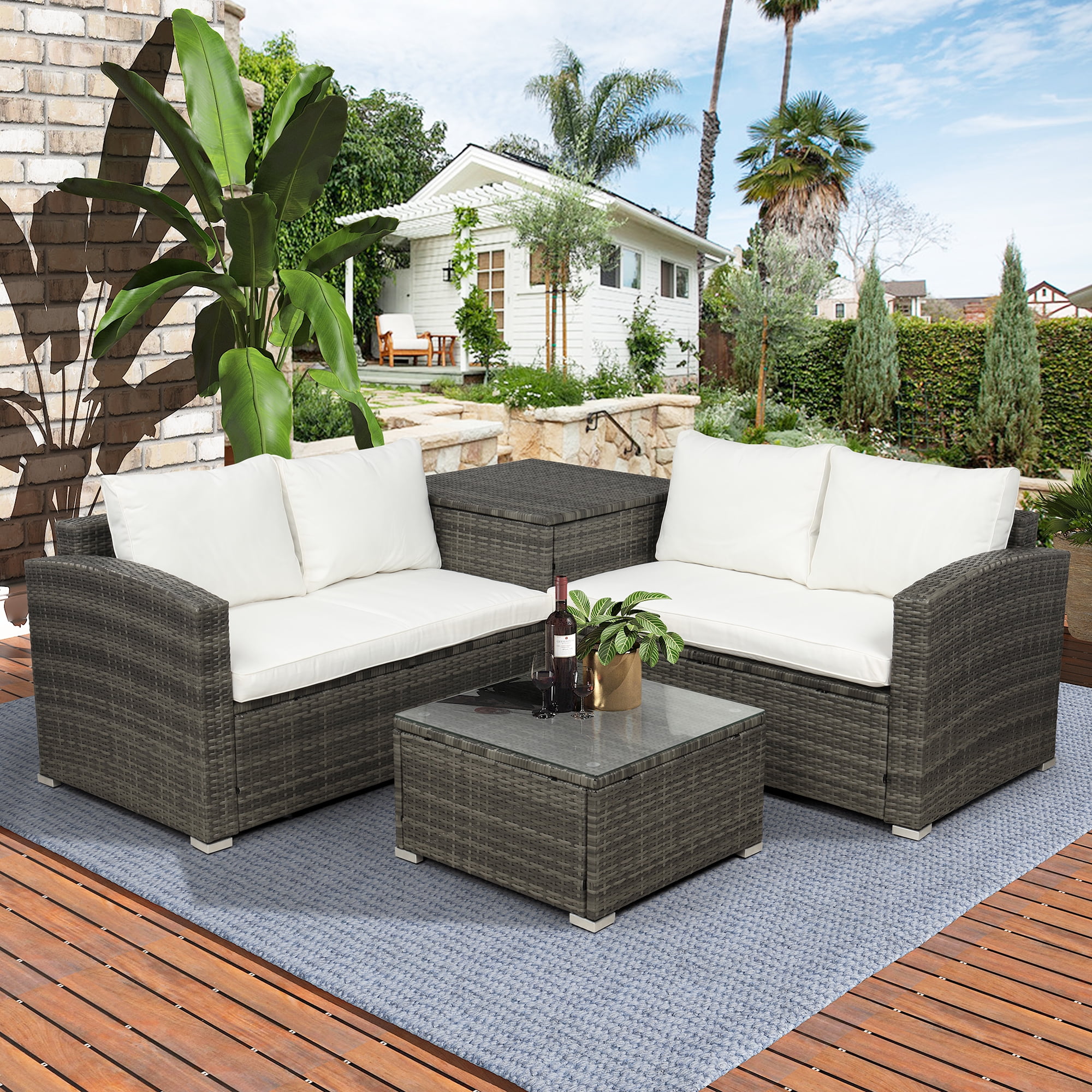 4-Piece Rattan Patio Furniture Sets, Wicker Bistro Patio Set with Ottoman,  Glass Coffee Table, Outdoor Cushioned PE Rattan Wicker Sectional Sofa Set,  
