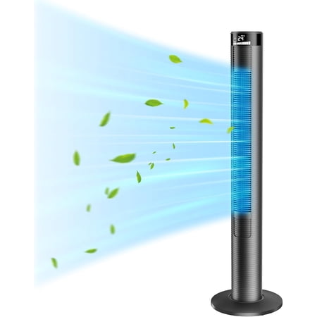 QIANGLING Tower Fan 46 Inch, 24ft/s Velocity Quiet Oscillating Bladeless Fan with Remote, 3 Modes, LED Display, 7.5H Timer, Black Floor Standing Fan Powerful for Indoor Home Bedroom Office Room