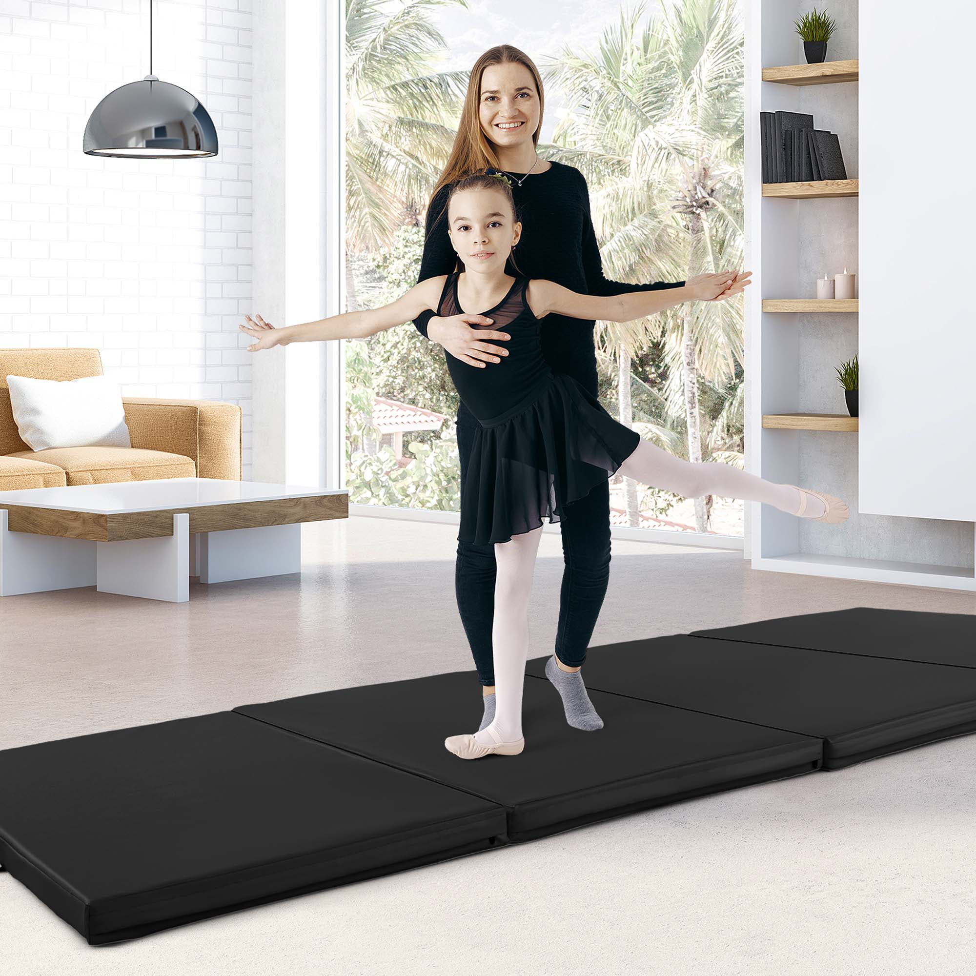 Costway 10' x 4' x 2" 4-Panel Folding Exercise Mat with Carrying Handles for Gym Yoga Black