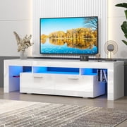 UHOMEPRO TV Stand for TV up to70'', High Gloss Entertainment Center with RGB LED Lights and Storage Shelves, White Media Console for Living Room
