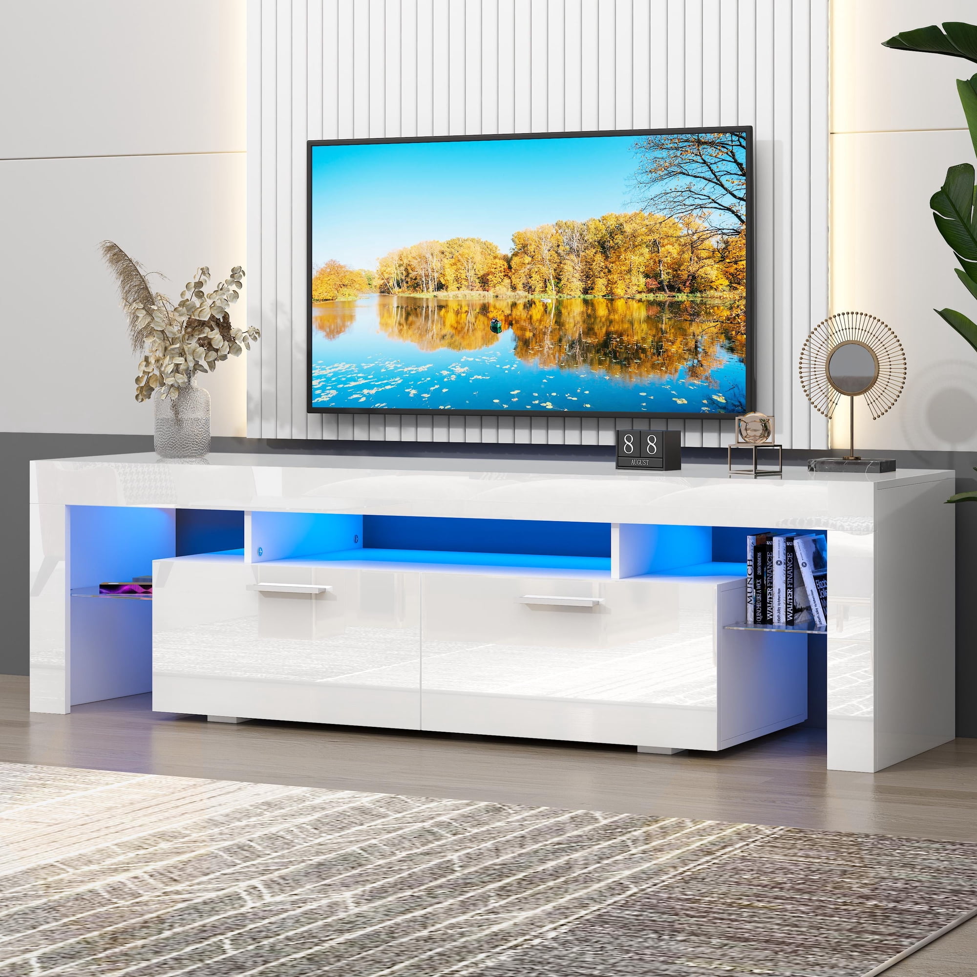 UHOMEPRO TV Stand for TV up to70'', High Gloss Entertainment Center with RGB LED Lights and Storage Shelves, White Media Console for Living Room
