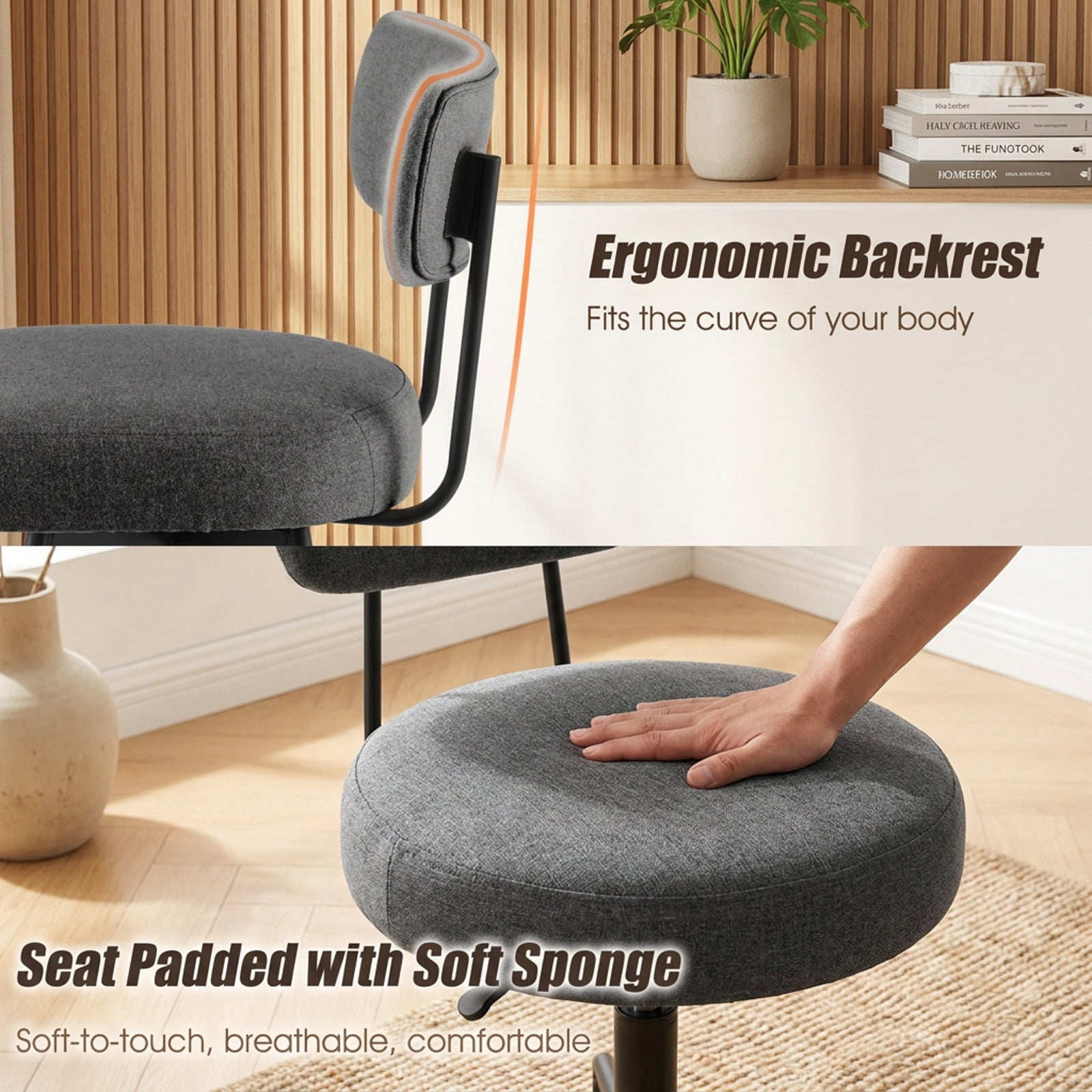 Furnibear Set of 2 Modern Upholstered Bar Stools 25 Inch with Back and Footrests in Gray