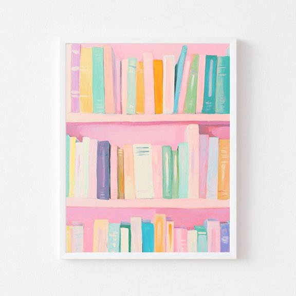 Kna Prints - Pastel Girl'S Bookshelf Painting Pink Reading Nook Wall Art Print Colorful Library Girly Rainbow Book Lover Wall Art Decor For Home Office,-8x12 Poster Only