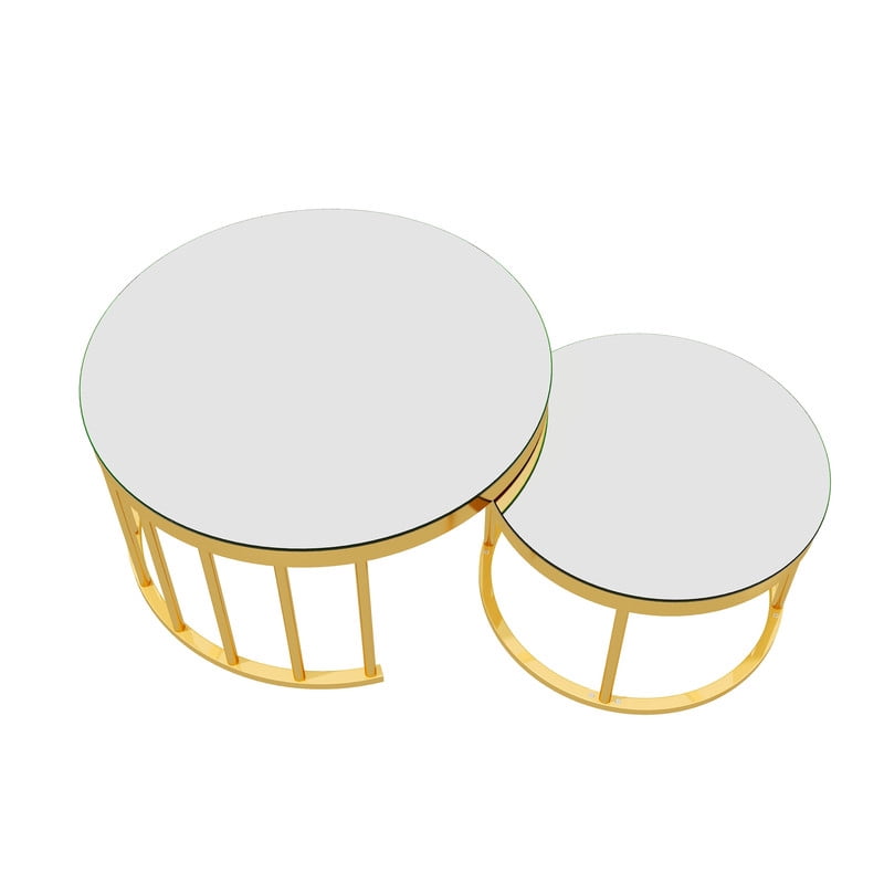 Round Nesting Coffee Table Set of 2, Modern Golden Metal Frame Accent Circular Cocktail Table with Mirrored Table Top
