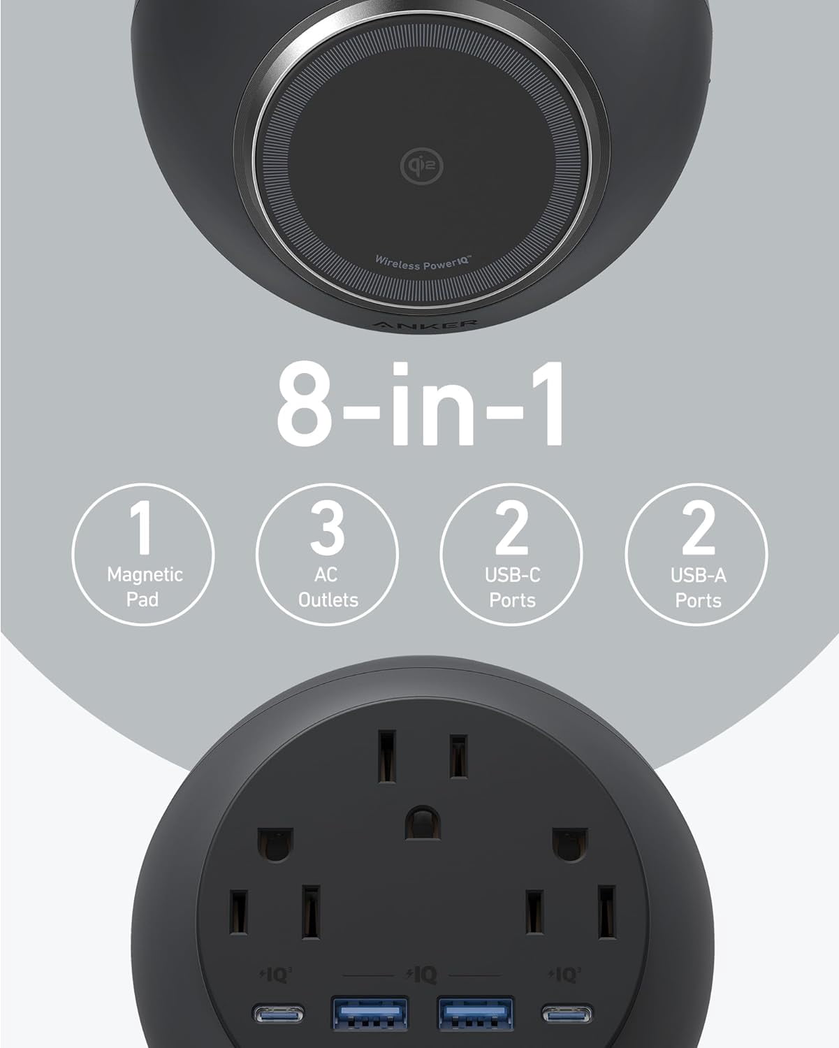 Anker MagGo Magnetic Charging Station, Qi2 Certified 15W Ultra-Fast MagSafe Wireless Charger for iPhone 15/14/13, 8-in-1 Power Strip with 3 AC and 4 USB Desktop Charger for MacBook and More