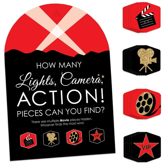 Big Dot of Happiness Red Carpet - Movie Night Party Scavenger Hunt - 1 Stand and 48 Game Pieces - Hide and Find Game