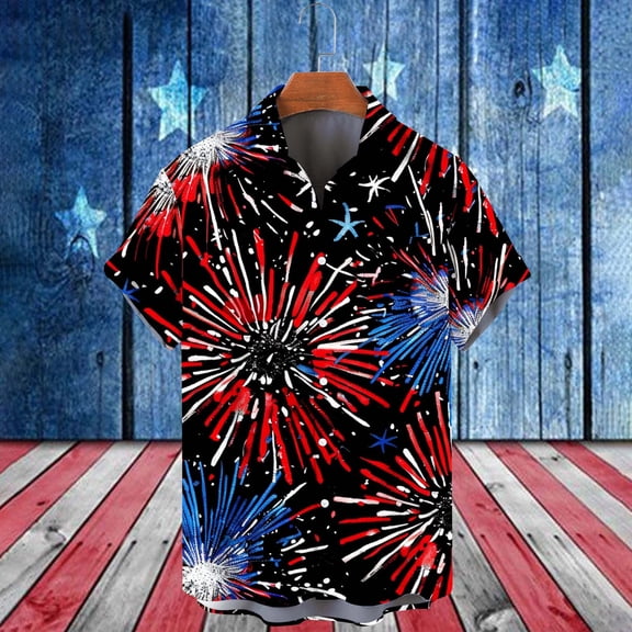 KeShDi July Of 4th Shirts for Men Festival Tops Independence Day Shirt Printed Lapel Collar Short Sleeve Tshirt Black 2X