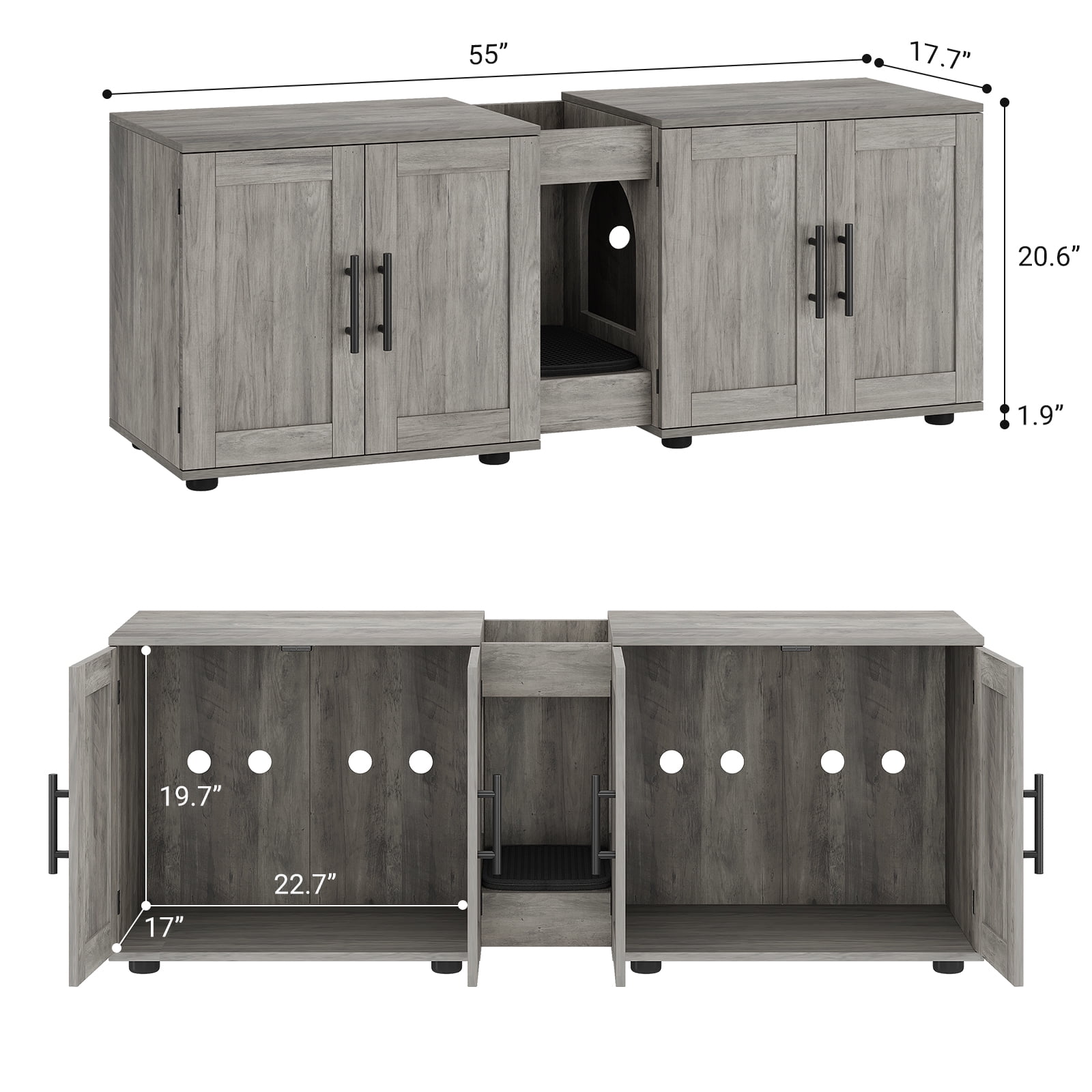 3-in-1Cat Litter Box Enclosure, 55 Inch Large Cat Box Enclosure with Double Rooms, Farmhouse Wooden Cat Washroom, Hidden Litter Box Furniture for Bedroom Living Room