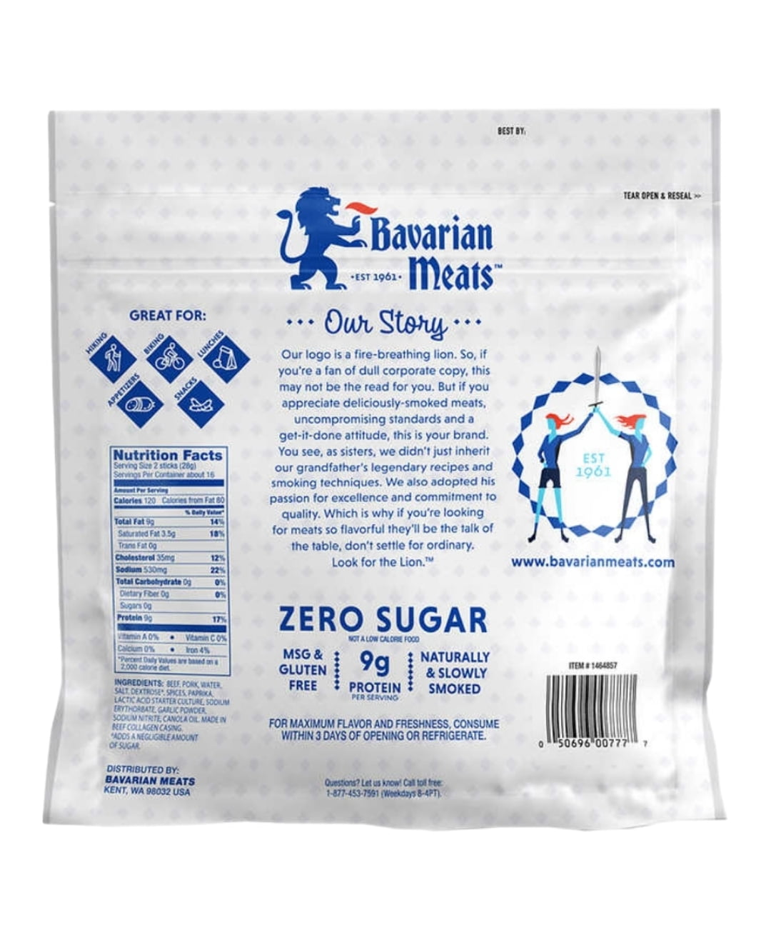 Bavarian Meats Lil' Landjaeger Gluten & MSG Free Zero Sugar Hardwood Smoked Beef & Pork Sticks 16 Oz Resealable Bag