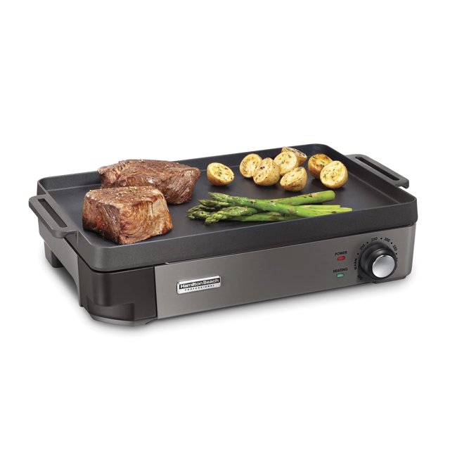 Hamilton Beach Parrilla y plancha eléctrica profesional de hierro fundido para interiores, superficie de cocción presazonada de 10" x 16", temperatura ajustable hasta 450° F, negro (38560)