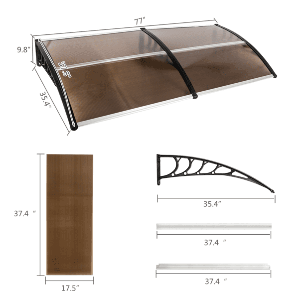 Alvantor Polycarbonate Door Awning with Black ABS Brackets, 78.74 x 39.37 inches, Brown Canopy