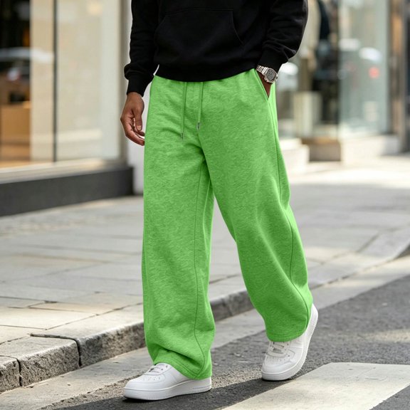 Men's Baggy Sweatpants Drawstring Waist Wide Leg Pants Loose Fit Casual Streetwear Fall Winter Trousers with Pockets Fluorescent Green 2XL