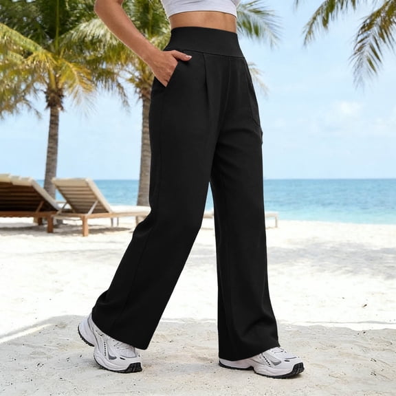 Juslio Womens Pants with Pockets Loose High Waist Casual Comfortable Elastic Waist Wide-Leg Pants