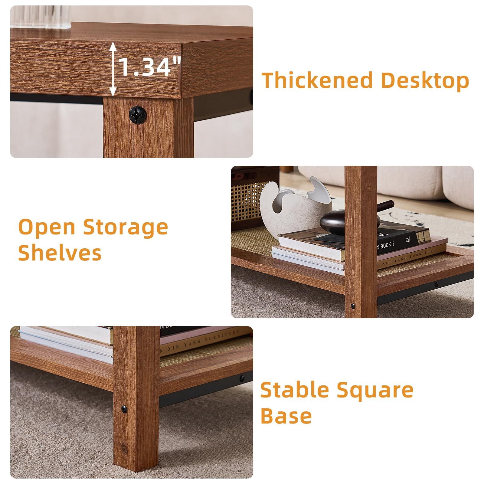 Buildhom Boho Rattan Coffee Table with Woven Open Shelf, Natural Wood Center Table for Living Room, Tea Color