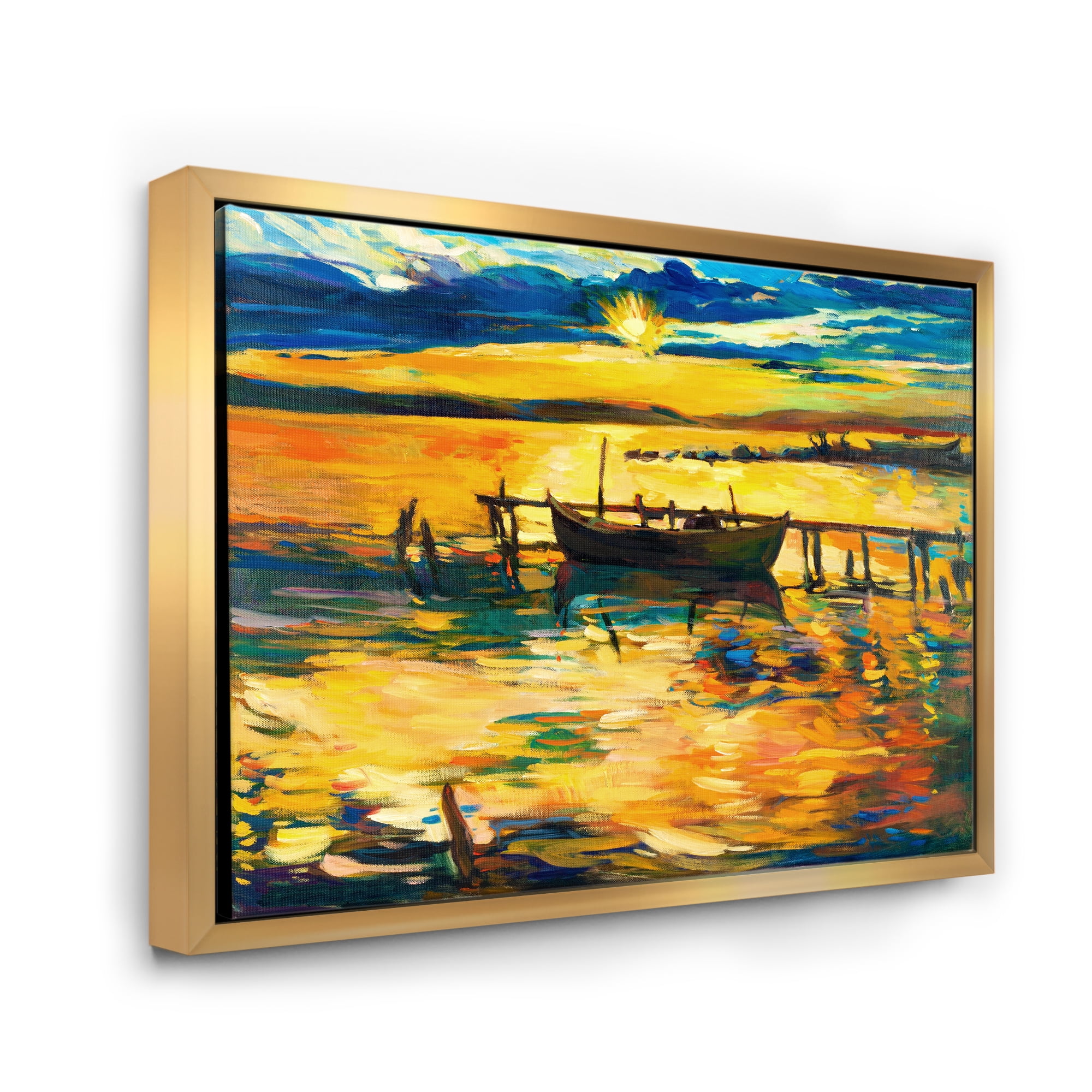 Designart 'Boat At The Lake During Evening Glow VI' Nautical & Coastal Framed Canvas Wall Art Print