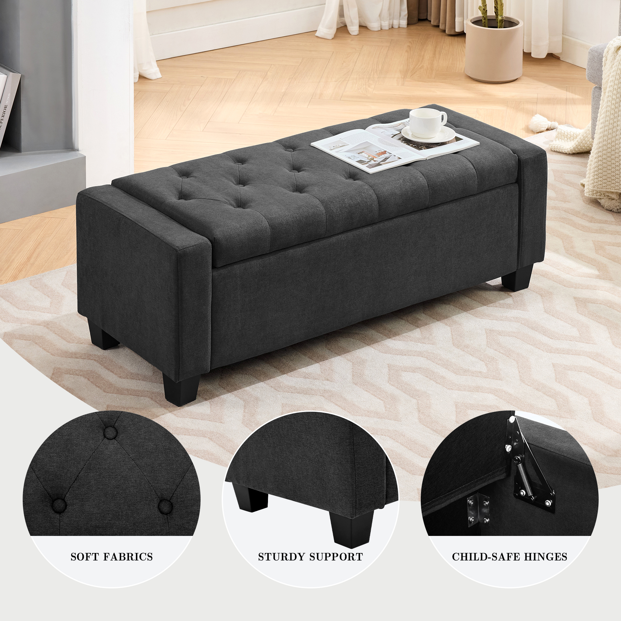 Huatean Home 48" Ottoman Storage Bench Upholstered with Safety Hinge, Dark Gray