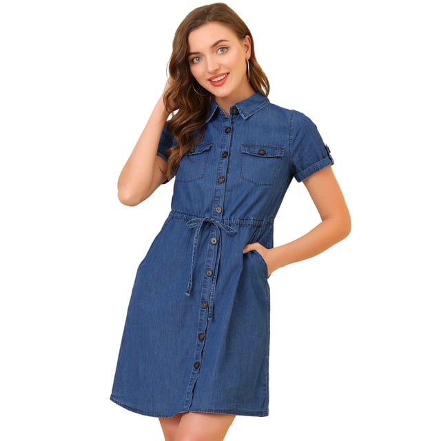 Vestido Camisero Informal De Mezclilla Con Cintura Con Cordón Y Cuello En Punta Para Mujer Cielo azul M