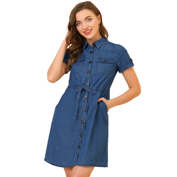 Vestido Camisero Informal De Mezclilla Con Cintura Con Cordón Y Cuello En Punta Para Mujer Cielo azul M