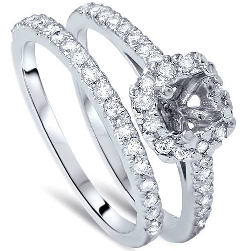 Pompeii 3/4ct Cushion Halo Engagement Ring Setting & Band 14K White Gold (G/H,I1)