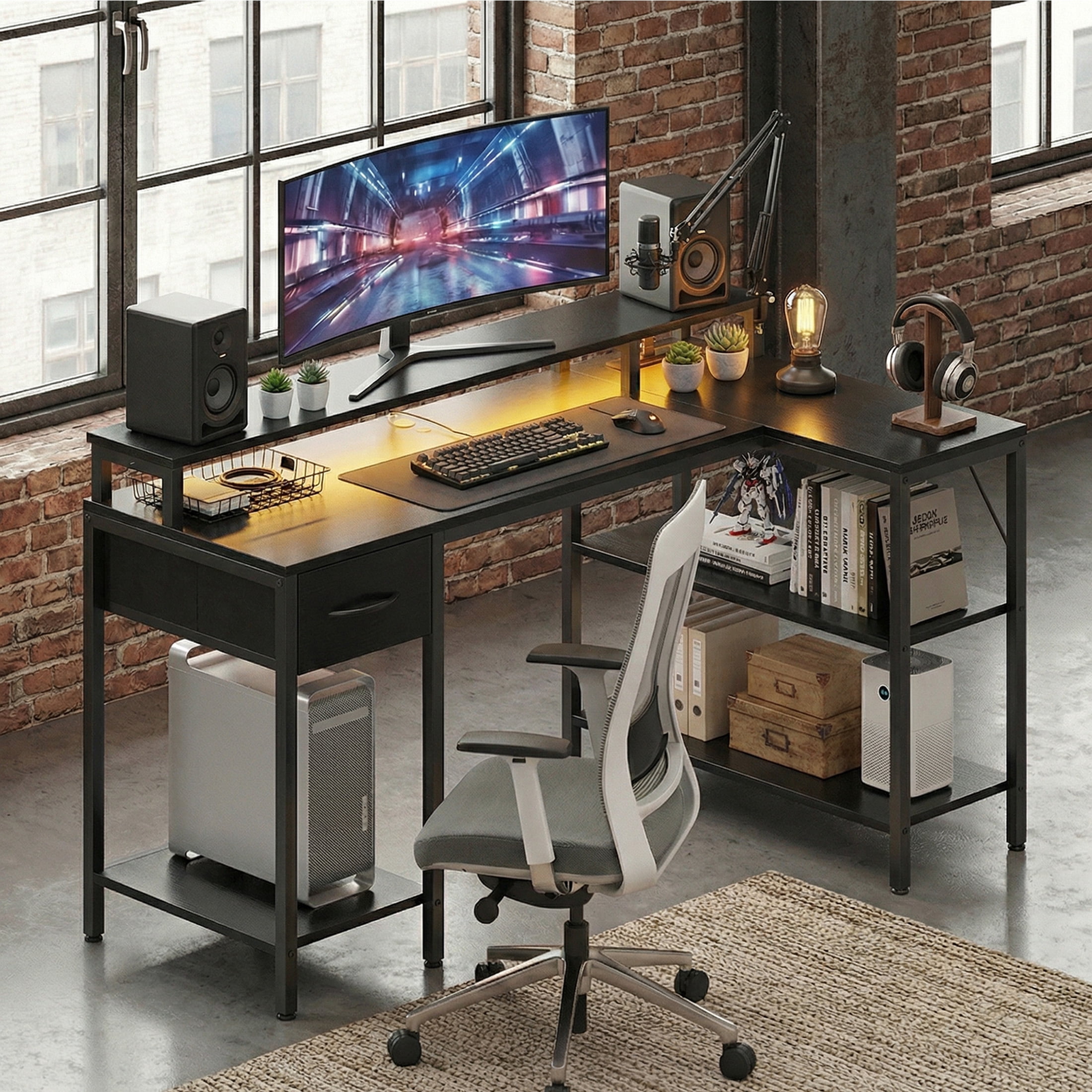 CONCETTA 53 inch L-Shaped Gaming Desk, Reversible Design with LED Lighting, Power Outlets and Double-Tier Storage, Black for Home Office
