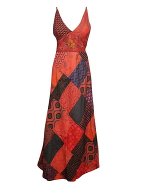 Mogul Womens Red Cotton Patchwork Maxi Dress Floral Print Deep V Neck Bohemian Fashion Sundress
