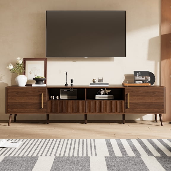 TV Stand for TVs up to 85 Inch, Entertainment Center with Fluted Drawers & 2 Cabinets, Media Console with Solid Wood Legs for Living Room