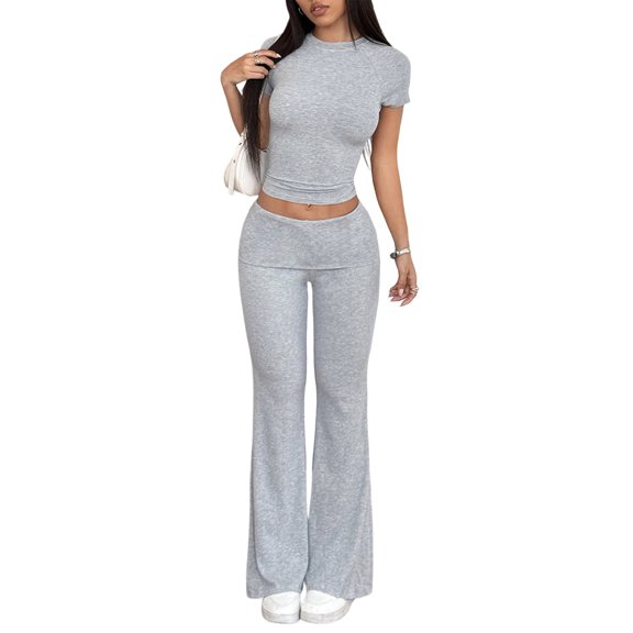 Women'S 2 Piece Lounge Outfits Slim Short Sleeve Tops Mid Rise Flare Leggings Sets Yoga Sweatsuit Gray S