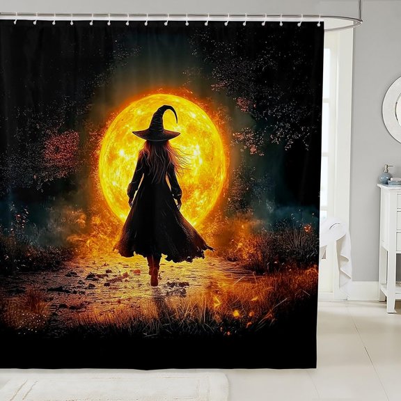 Dark Halloween Shower Curtain Halloween Witch Waterproof Bathroom Curtains Gothic Witchy Bathtub Decor Moon Sunset Bathroom Accessories