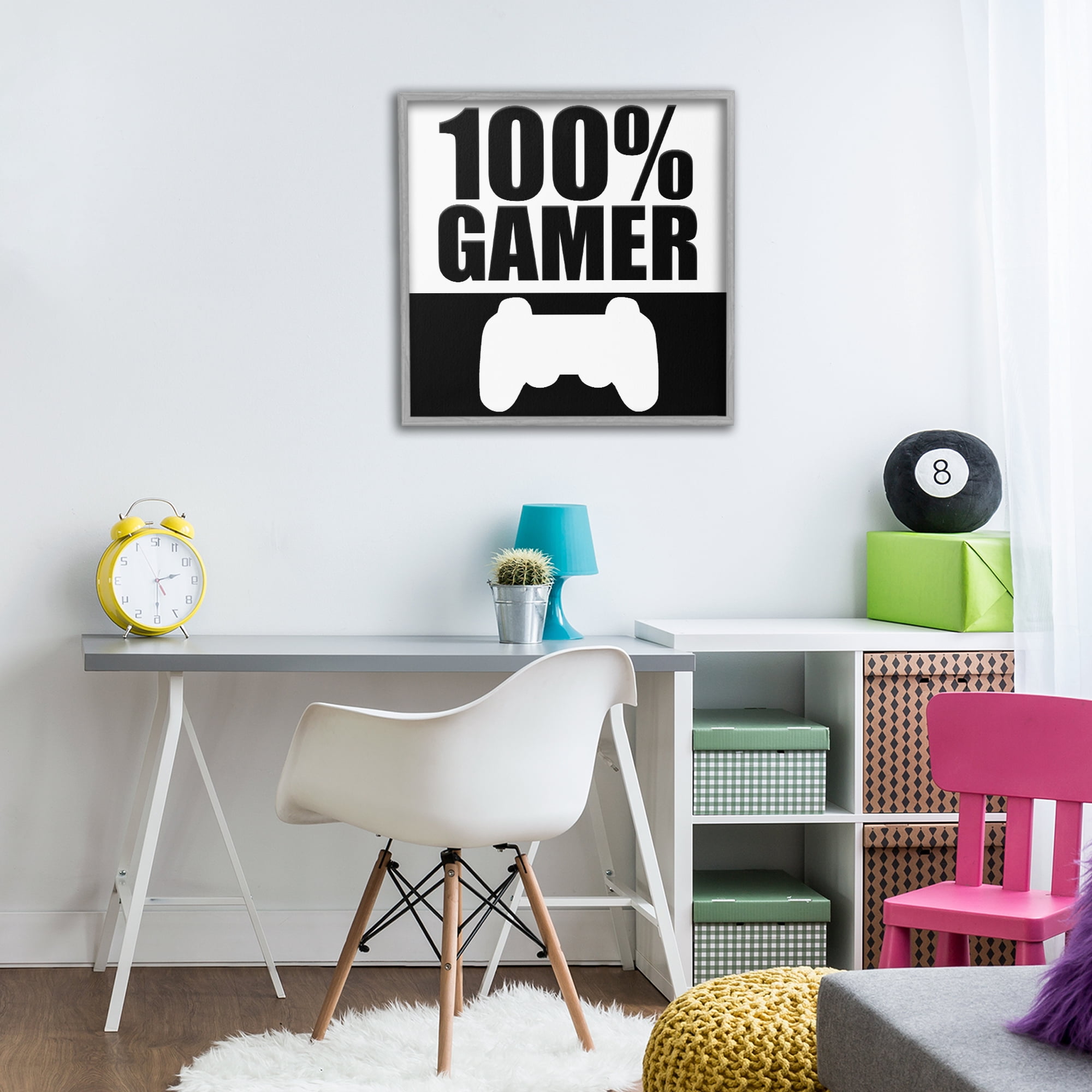 100% Gamer Black & White Gray Framed Giclee Art, design by Kim Allen