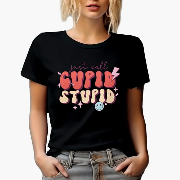 Just Call Cupid, Stupid, 90s Retro Groovy Text Valentine's Day Gift, Black T-Shirt, Small