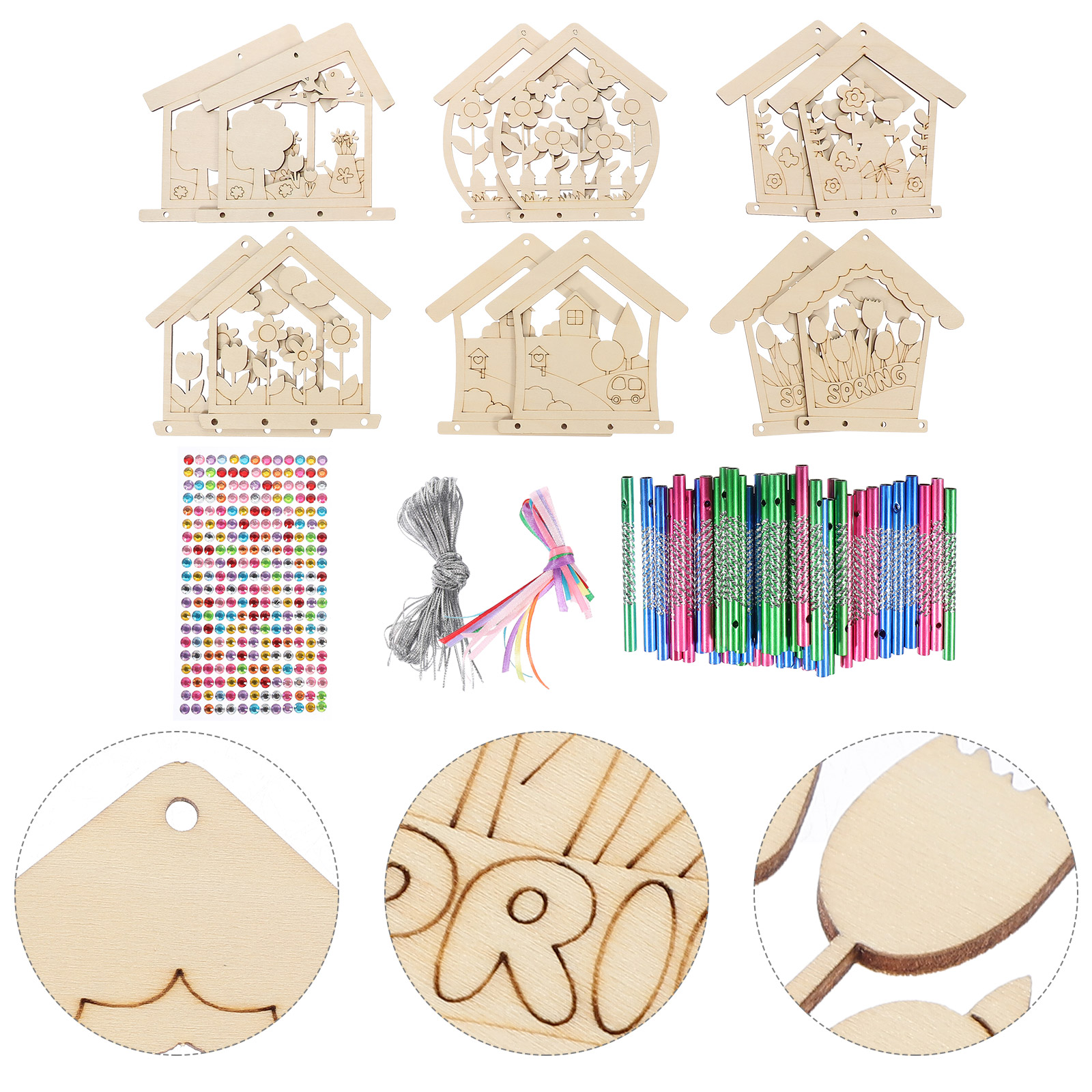 Voiceine 1 Set Unfinished Wind Chime Material DIY Bird House Theme Wind Chime Material