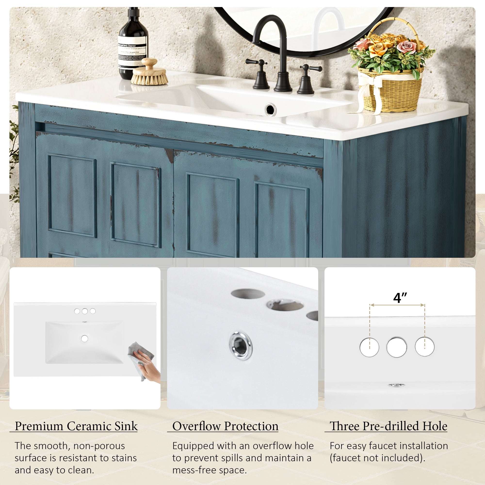 Euroco 36 " Bathroom Vanity Organizer with Ceramic Sink, Set Bathroom Storage Cabinet, Retro Blue