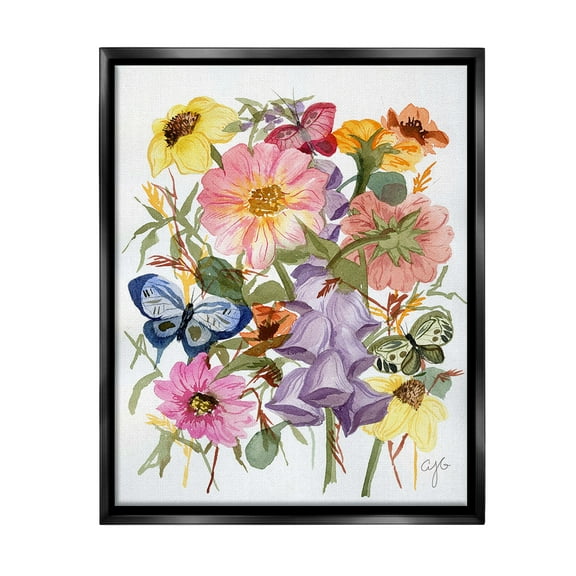 Stupell Industries Mixed Florals & Butterflies Botanical & Floral Painting Black Floater Framed Canvas Art Print Wall Art, 17 x 21