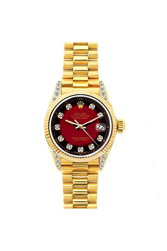 Pre-Owned Rolex Datejust 26MM 69178 Red Diamond Dial Fluted Bezel 18K Yellow Gold President Bracelet