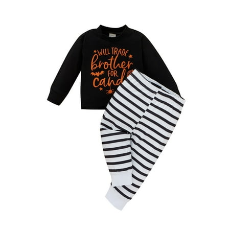 

Canrulo Halloween Sister Brother Matching Clothes Letter Print Pullover Tops Striped Pants Black Sister 9-12 Months