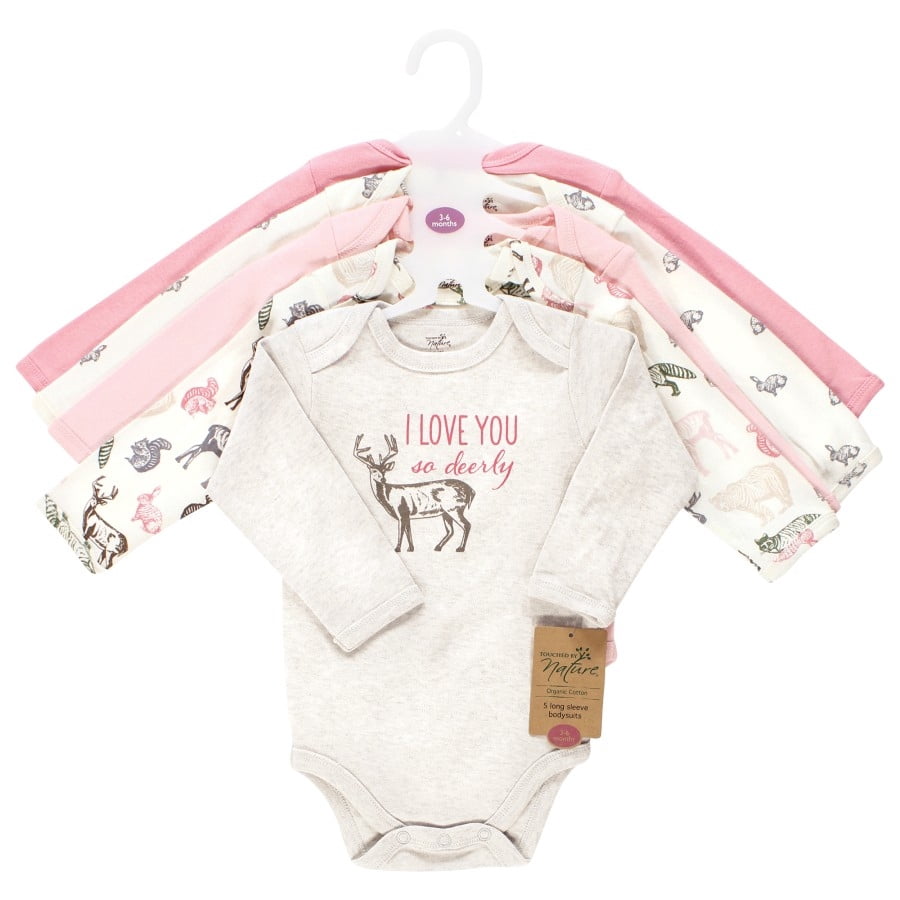 Touched by Nature Infant Girl Organic Cotton Long-Sleeve Bodysuits, Girl Woodland, 9-12 Months