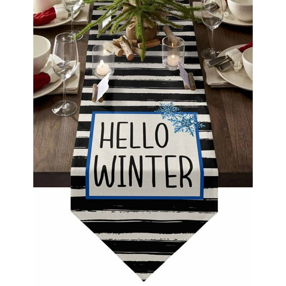 Table Runner Dresser Scarves Winter Christmas Blue Snowflakes Cotton Linen Burlap Table Cover Vintage Black and White Line Stripes Table Runners for Family Kitchen Dining Holiday Party Banquet Decor