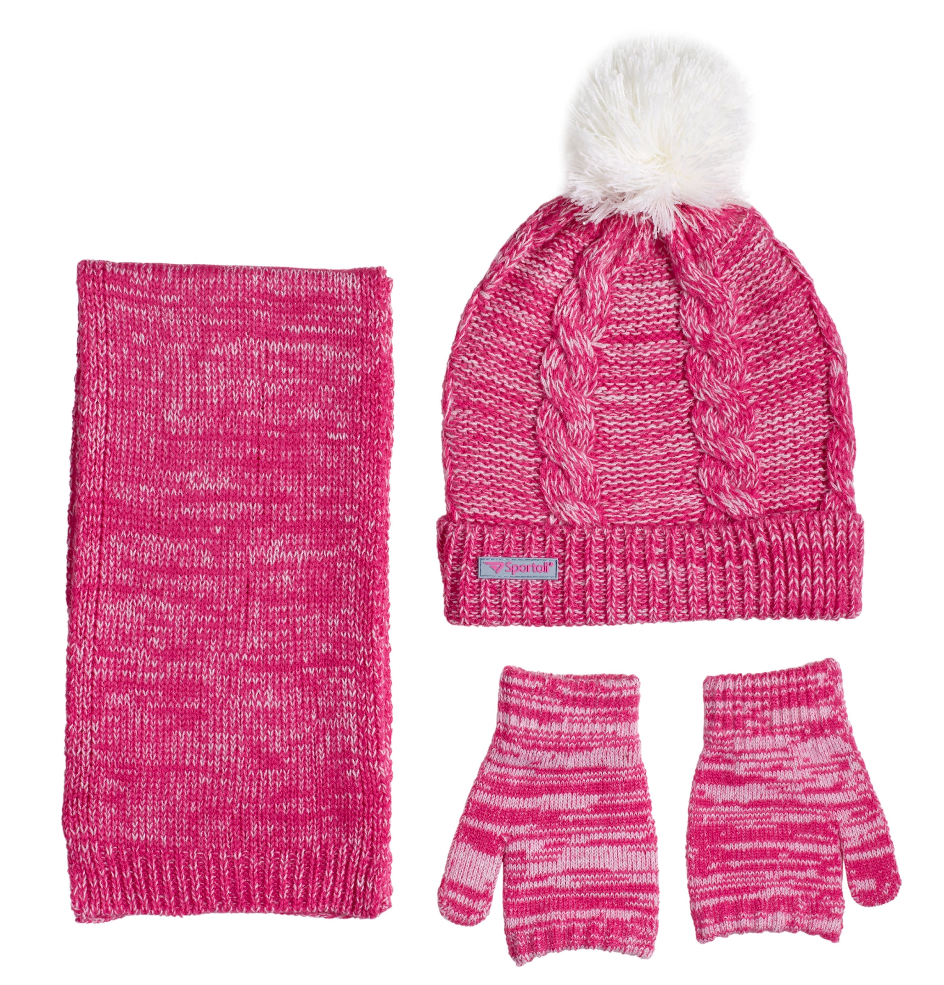 Sportoli Women/’s Girls/’ kids 3-Piece Cable Knit Cold Weather Set Hat Scarf Glove