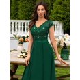 thumbnail image 6 of Dark Green V-Neck Sequin Lace Short Sleeve A-Line Evening Gown, 6 of 28