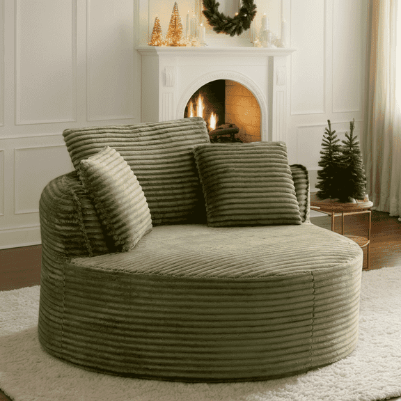 Eyisean 53.5" Oversized Round Chaise Lounge Chair Indoor, Comfy Corduroy Upholstered Boneless Couch with Pillow, No Assembly Required, Deep Seat Lounge Floor Sofa Chair for Living Room, Apartment