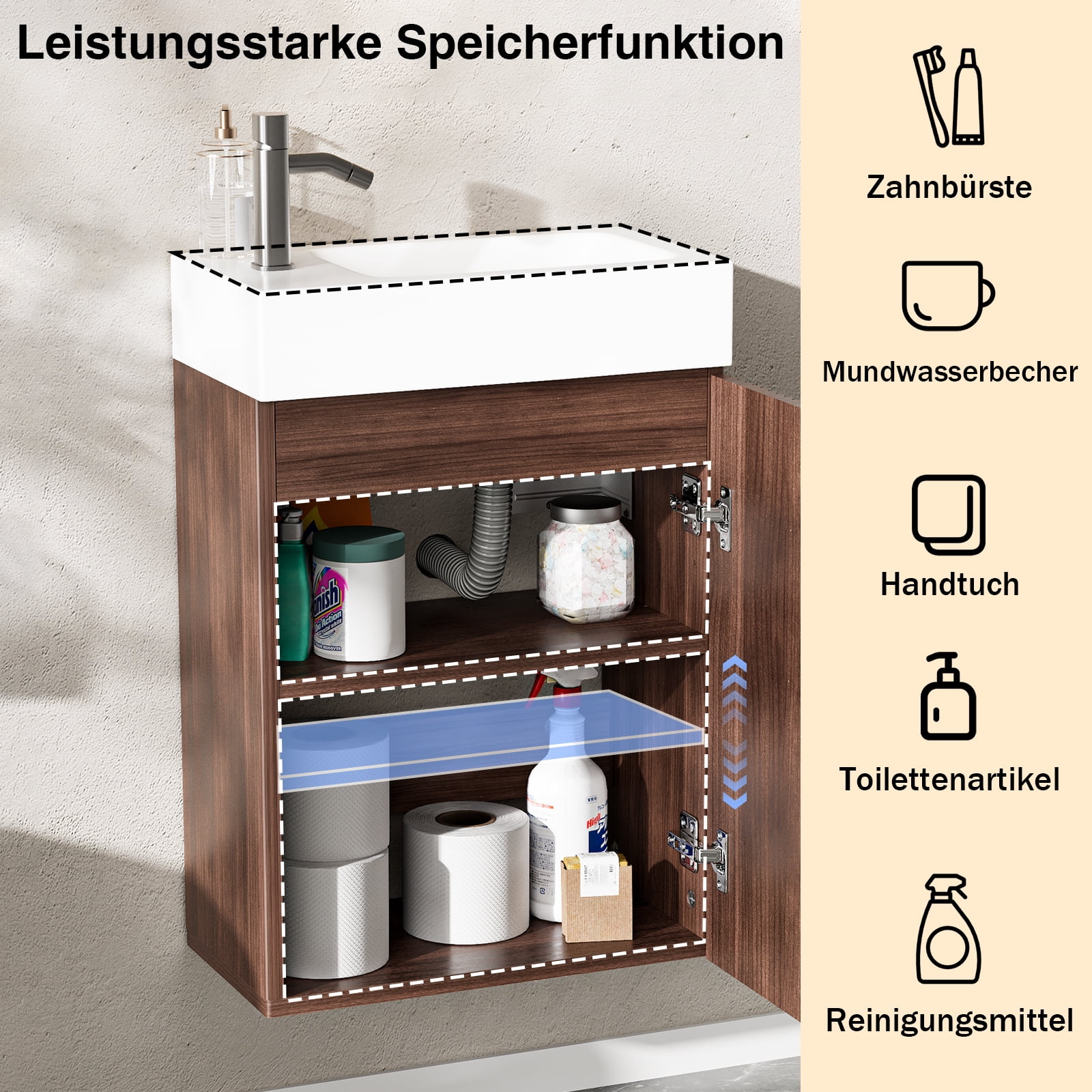 16" Bathroom Vanity with Sink & Cabinet, Soft-Closing Doors, Adjustable Shelf, Wall-Mounted Wooden Storage Vanity with Drain Assembly, Space-Saving for Small Toilet/Bathroom