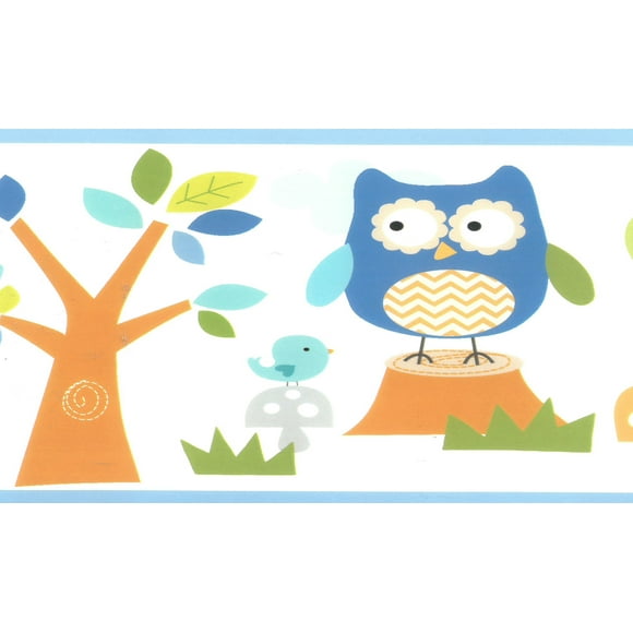 Prepasted Wallpaper Border - Kids Blue, Gray, Green, Orange Bunny, Owl, Fox, Deer Wall Border Retro Design, 15 ft x 6 in (4.57m x 15.24cm)