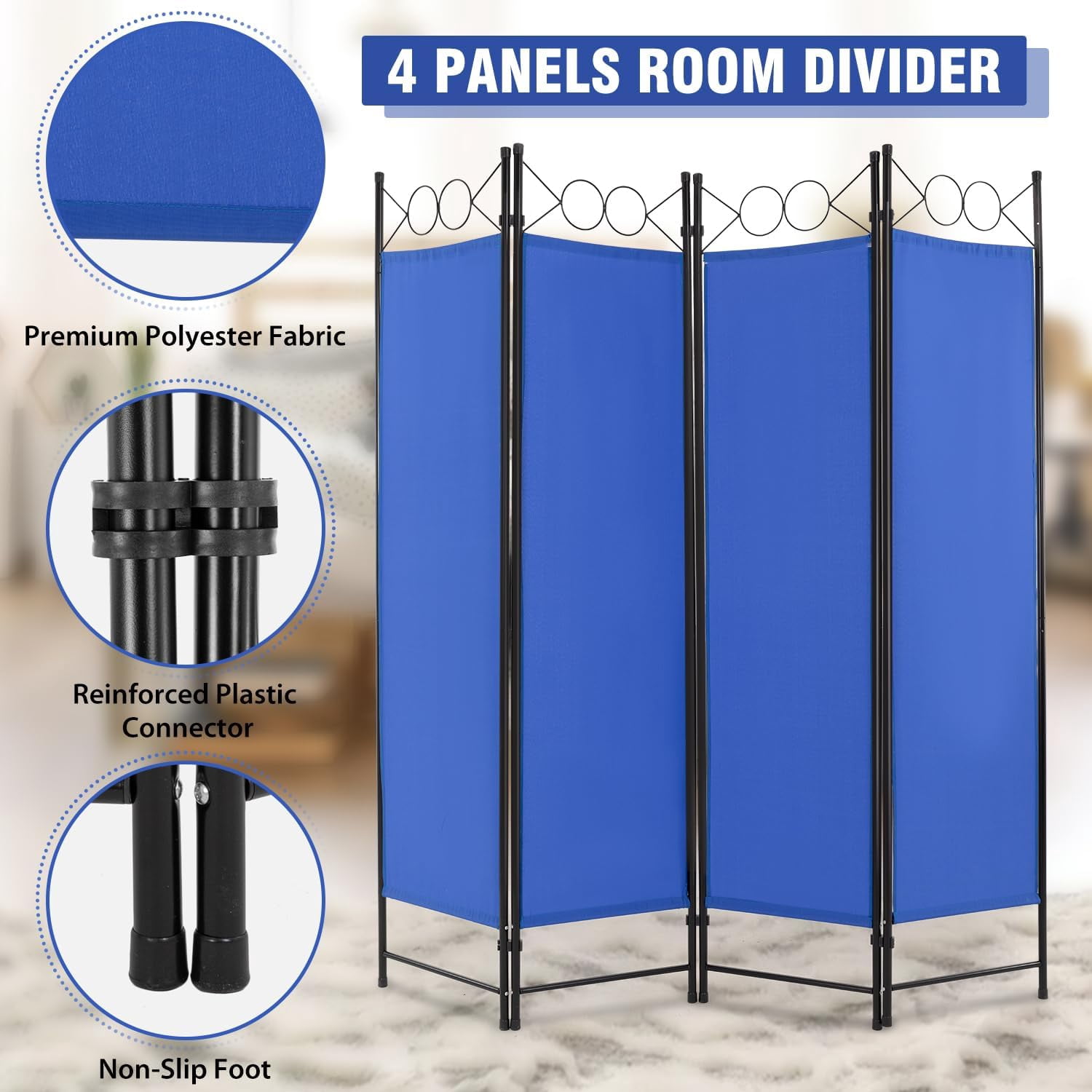 PayLessHere 4 Panel Room Divider 6 ft Steel for Home Office Bedroom, Blue