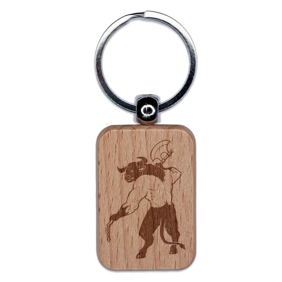 Minotaur Greek Myth Monster Rectangle Keychain Charm Tag - Engraved Wood