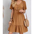 Vintage Solid Dress Women Summer Short Sleeve V Neck Short Dresses Fashion Casual Loose High Waist Beach A-Line Dress VestidosS&China Gao Jinjia LED